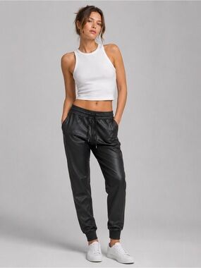 Black Leather Jogger Pants - Athleisure Casual Styling